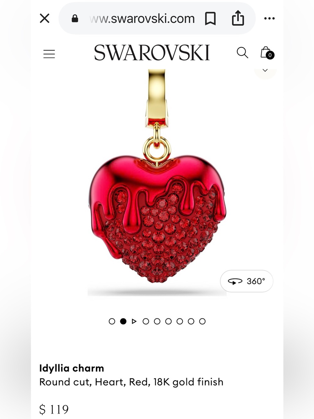 Swarovski Idyllia Red Heart Charm with 18K Gold Finish brand new!